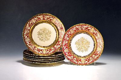 Image 7 charger plates, Rosenthal, 1945-49, porcelain, purple flag with ornamental decoration ...