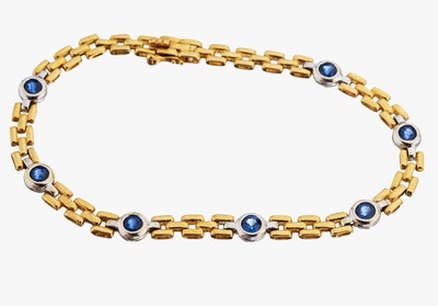 Image 18 kt gold sapphire bracelet , YG/WG 750/000, 7 in WG set round bevelled sapphires total ...