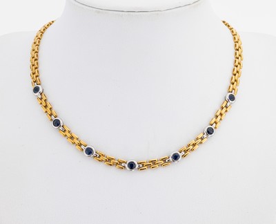 Image 18 kt gold sapphire-necklace , YG/WG 750/000, 7 in WG set bevelled sapphires total ...