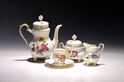 Image Small mocha service, Hutschenreuther Hohenbergfor 6 people, colorful lithographed flower ...