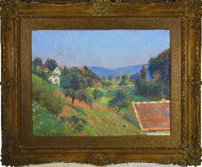 27119585k - Friedrich Ferdinand Koch, 1863-19236 Landau, Landschaft mit Dorf und Ruine in der Pfalz, ...