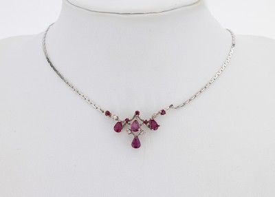 Image 18 kt gold ruby diamond necklace , WG 750/ 000, middle part with 9 bevelled rubies total ...
