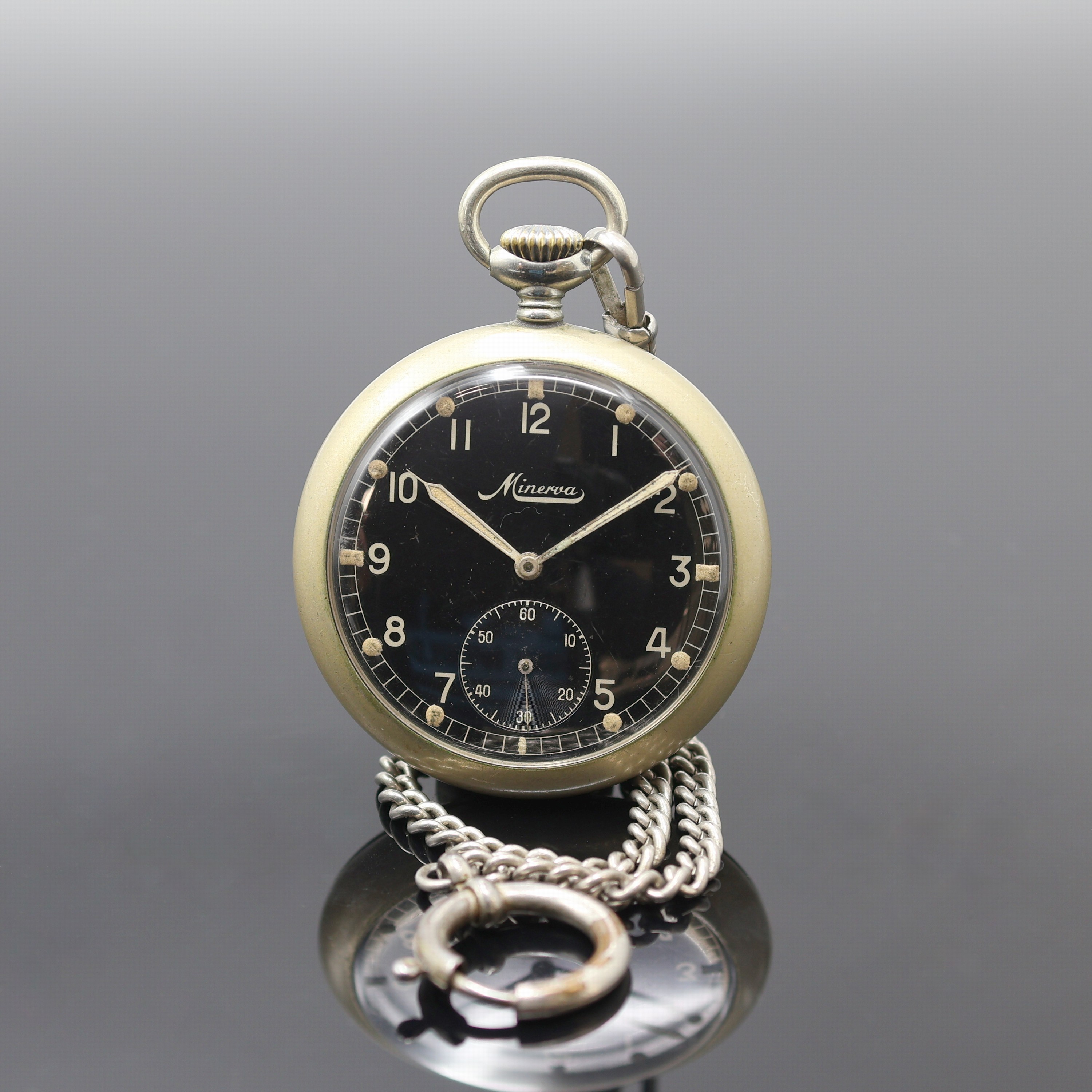 Image 27119742 - MINERVA DH Taschenuhr des deutschen Heeres mit Kette, Schweiz um 1940, vern. Geh., Boden ...