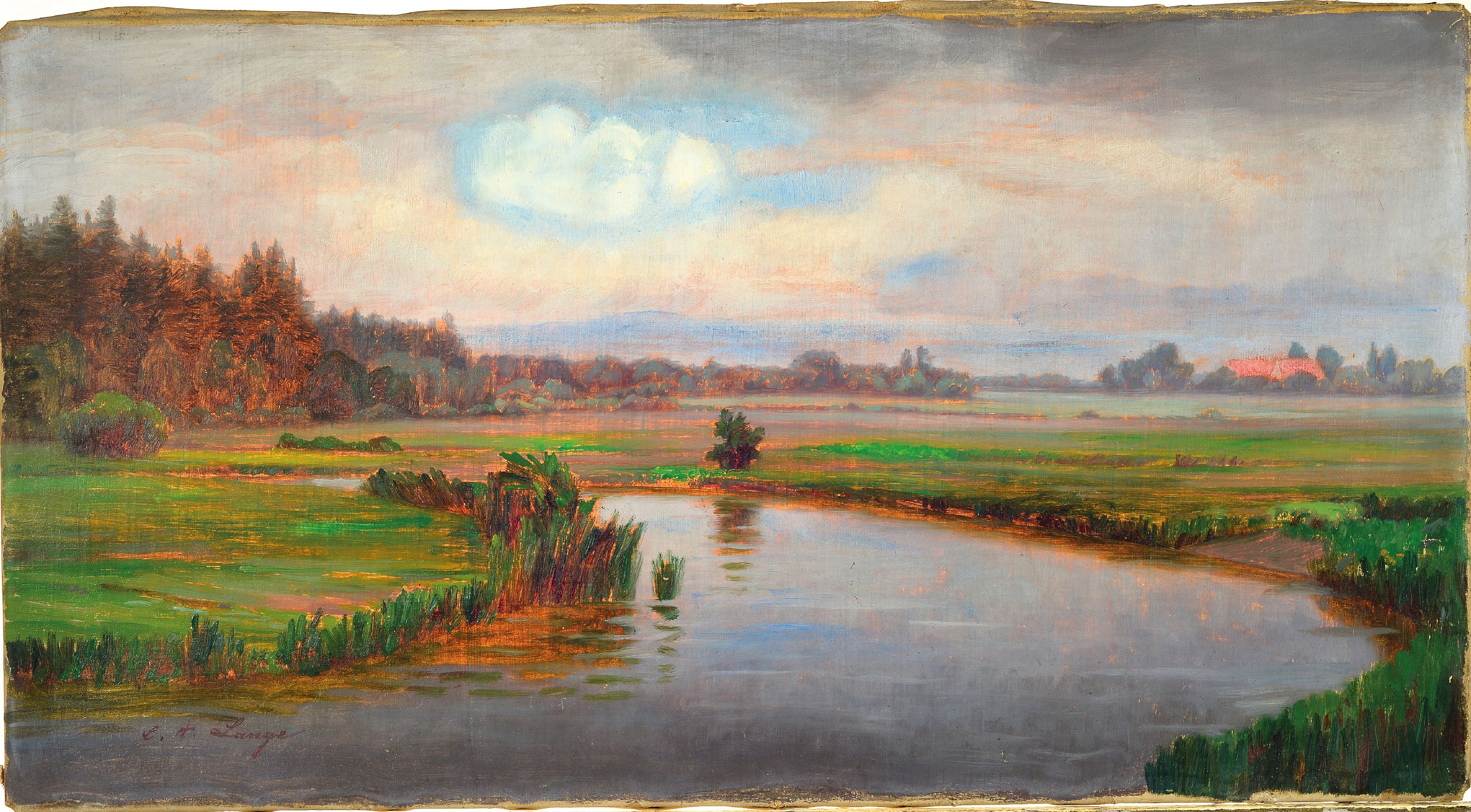 Image 27119749 - C.A.Lange, deutscher Maler, um 1900, Weite Landschaft mit Bachlauf, Öl/Lwd, links unten ...