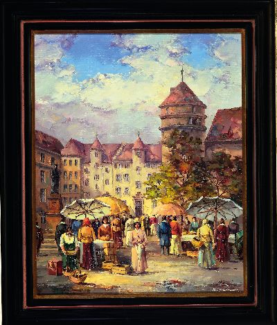 27119710k - Horst Miesler, geb. 1934, altstädtisches Marktplatztreiben, rechts unten signiert, ...
