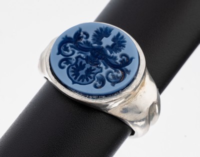 Image Solid layer stone-signet ring , silver, bluelayer stone with family coat of arms, total ...