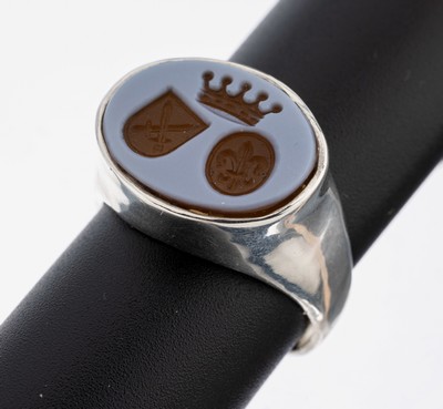 Image Layer stone-signet ring , silver, brown- white layer stone with Allianz coat of arms, ...