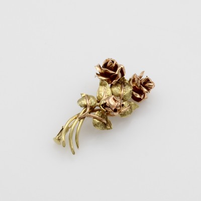 Image Brosche ´Rosen´, RG/GG 585/000, 3 Blüten vollplastisch gearbeitet, Blätter verziert