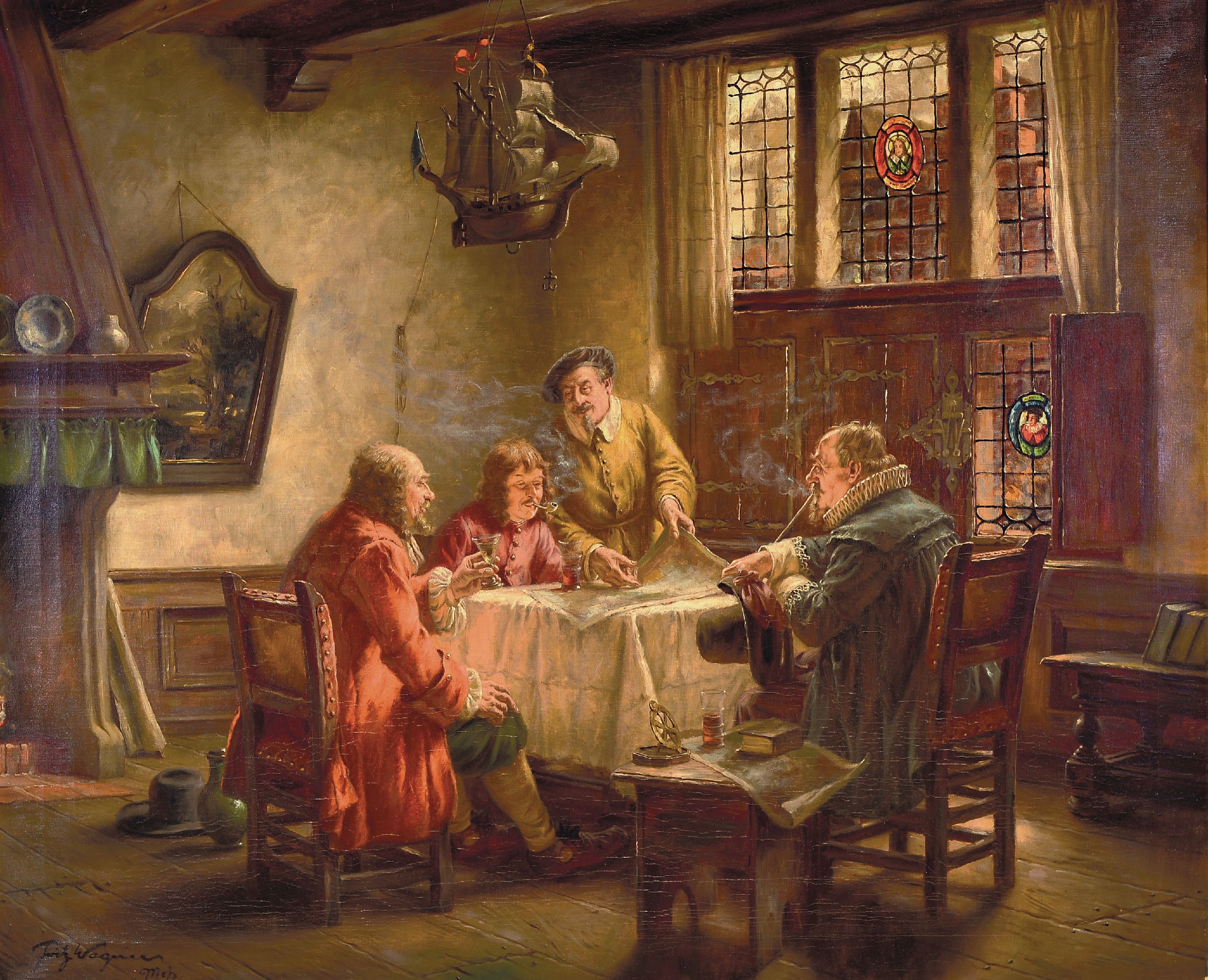 Image 27119823 - Fritz Wagner, 1896-1939 München, Rauchende Männer um einen Tisch mit einer Karte, ...