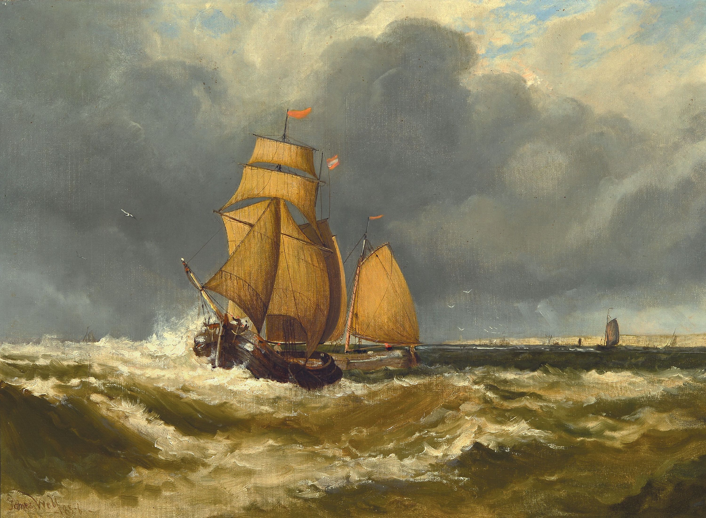 Image 27119825 - James Webb, um 1825-1895 London, 2 Segelschiffe vor der Küste unter wolkenverhangenem ...