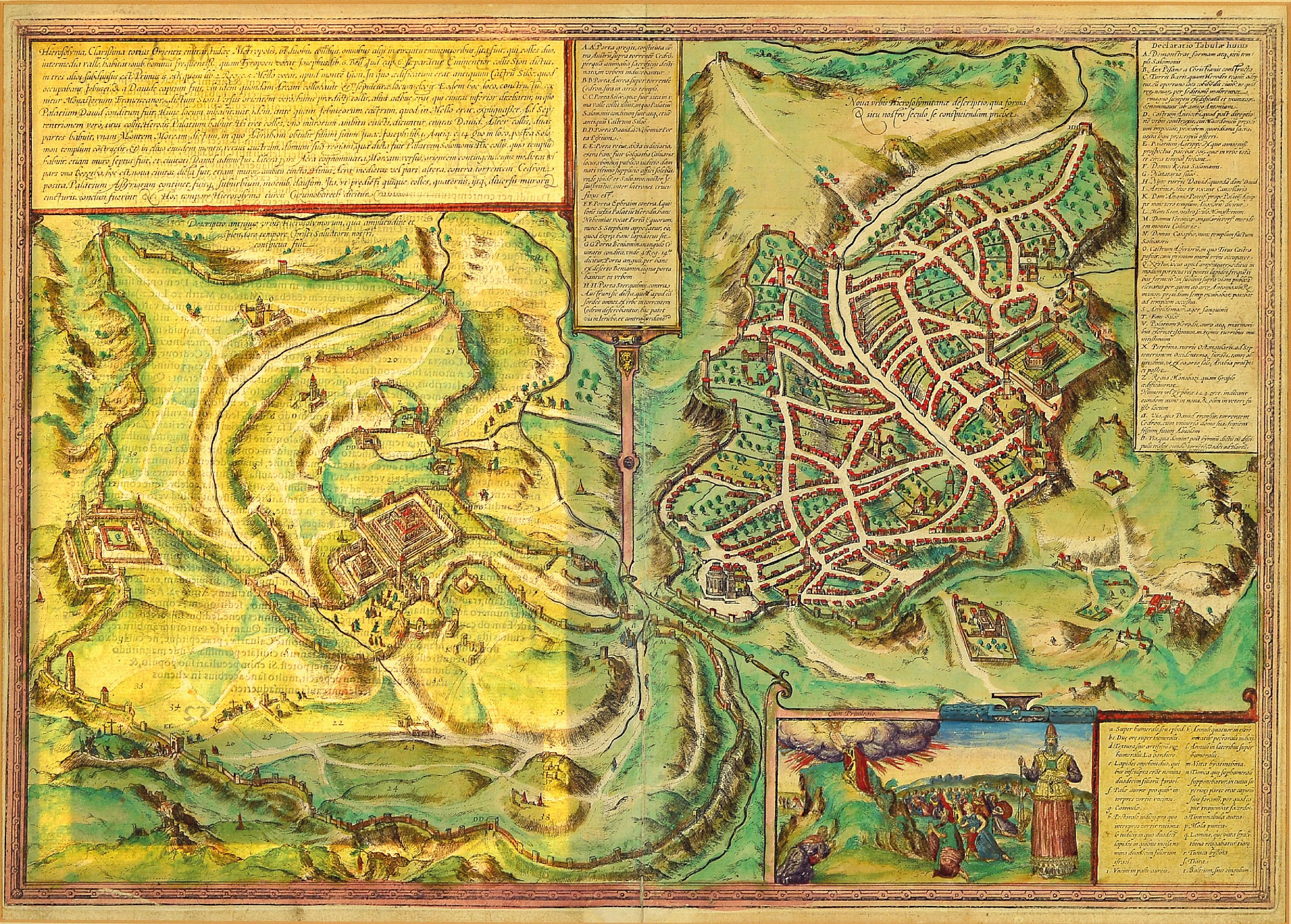 Detail c: Konvolut aus 4 Kupferstichen: Jerusalem aus der Vogelschau, Braun und Hogenberg, mit Legenden und Kartusche, koloriert, Bugfalte, ca. 34x48cm, u.Gl., ...