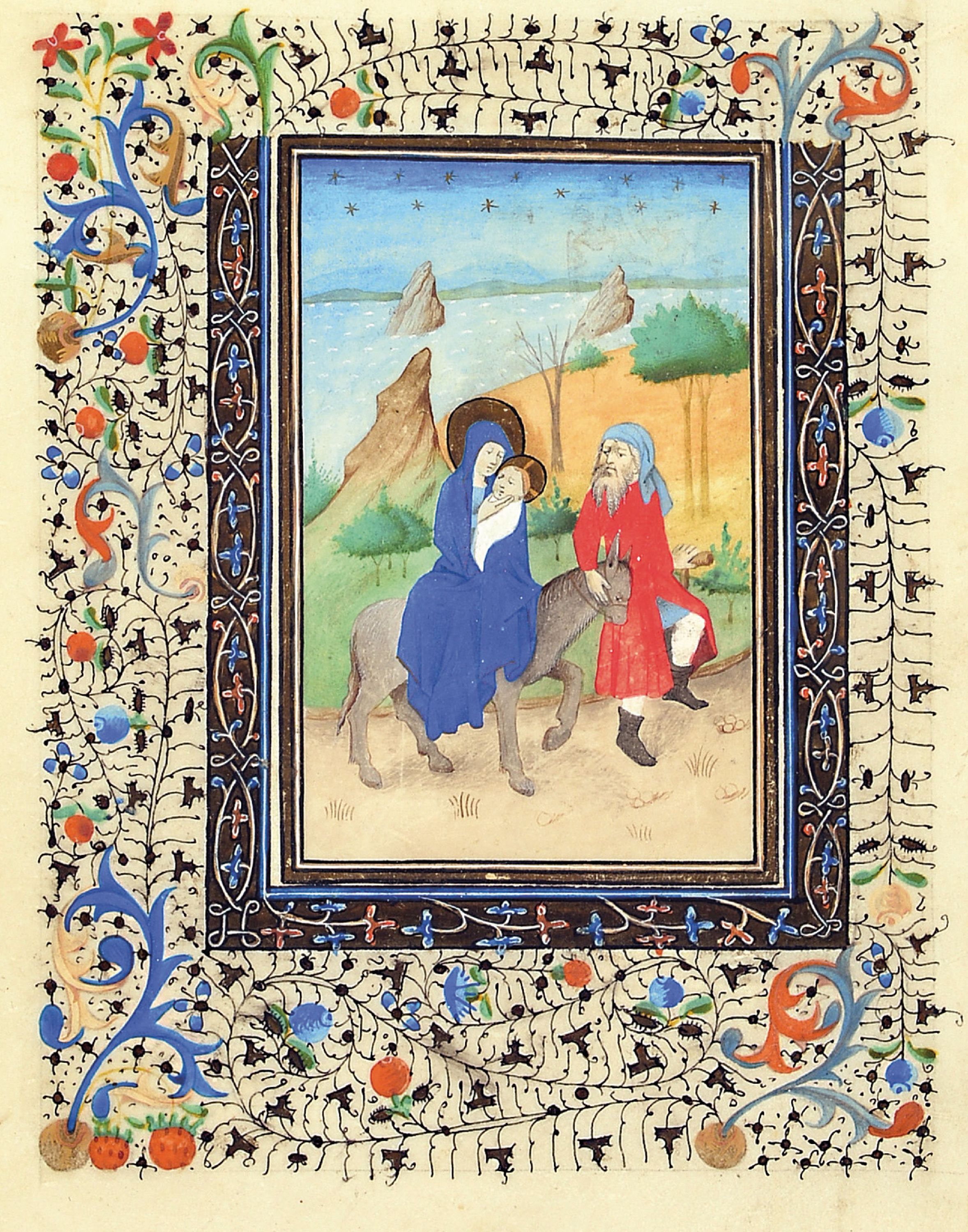 Detail a: 2 Blätter aus einem Stundenbuch, 15. Jh., Miniaturmalerei auf Pergament, mit reichen bunten Bordüren, goldgehöht, einmal die Fluchtder Hl. Familie ...