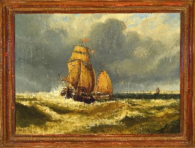 27119825k - James Webb, um 1825-1895 London, 2 Segelschiffe vor der Küste unter wolkenverhangenem ...