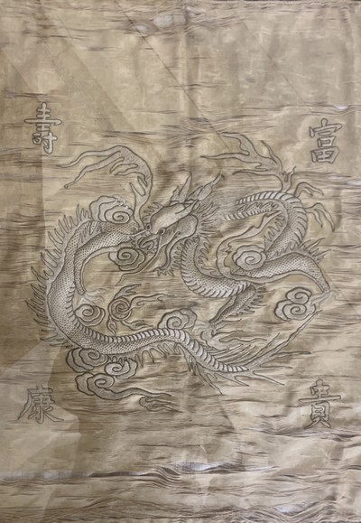 27120140a - Seidenstickerei antik, China, 19.Jhd, mit Inschrift´Langes Leben-Gesundheit-Wohlstand ...