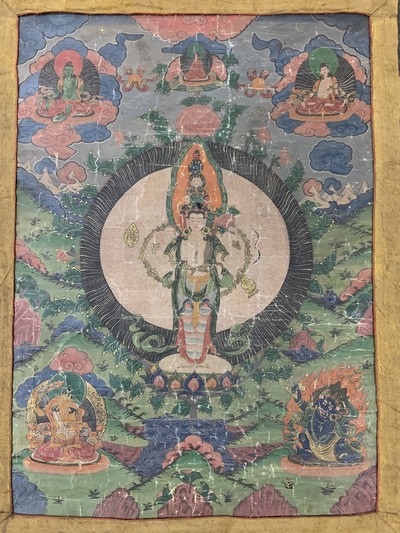 27120165b - Thangka antique, Tibet, around 1900, paper painting, approx. 122 x 83 cm, condition: 3. ...