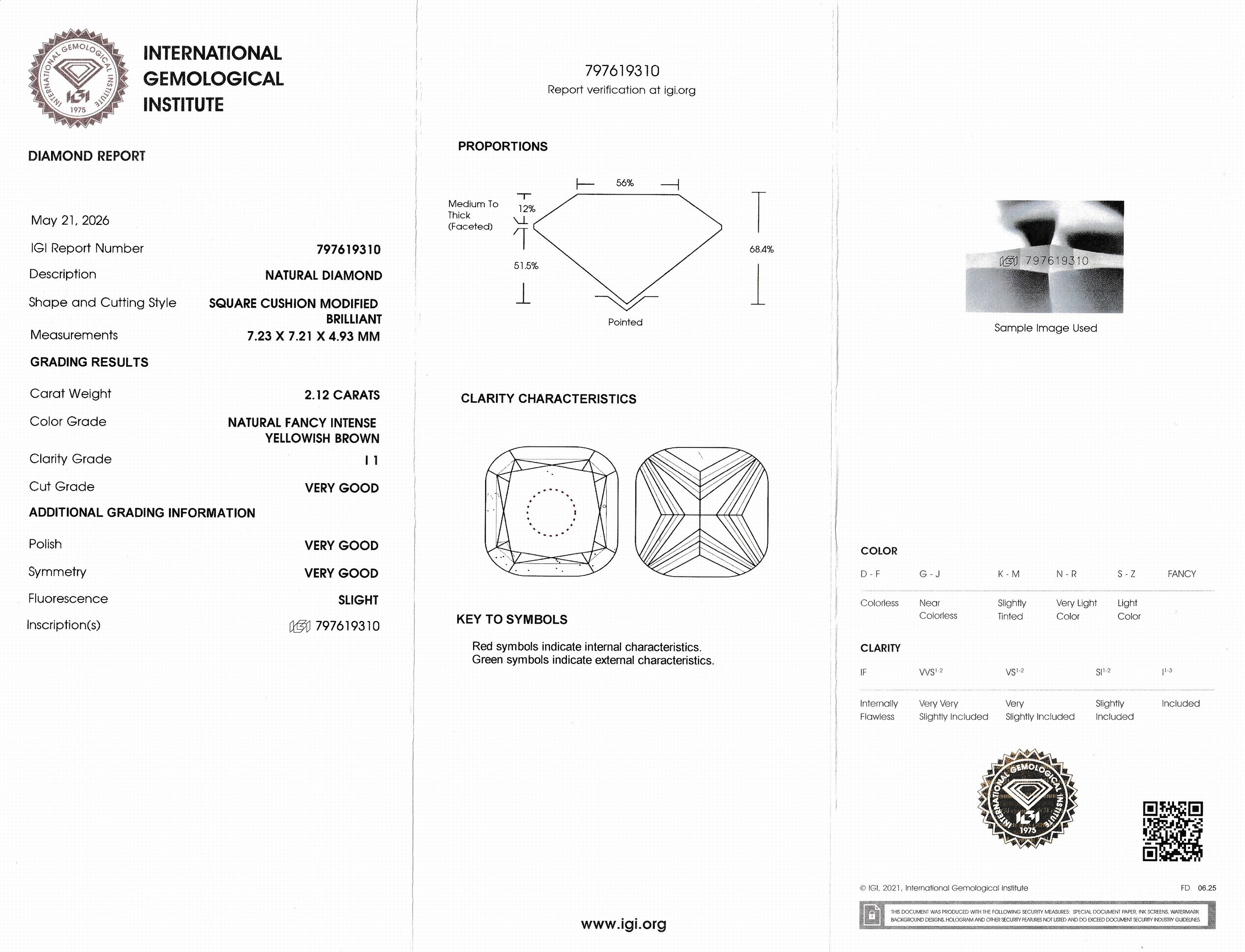 Detail a: Loser Diamant 2.12 ct Natural Fancy Intense Yellowish Brown/p1, Square Cushion Cut, eingeschweißt, IGI-Expertise anbei