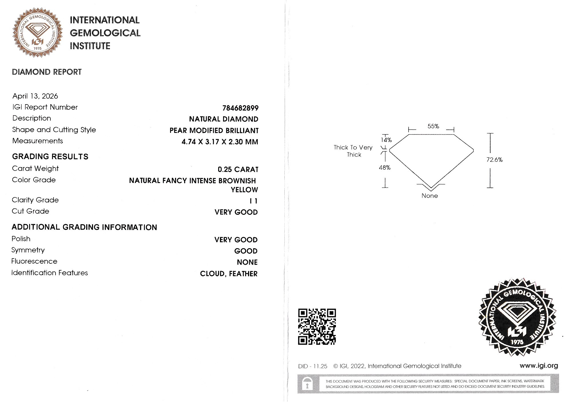 Detail a: Loser Diamant 0.25 ct Natural Fancy Intense Brown/p1, facett. Tropfen, verschweißt, IGI- Expertise anbei