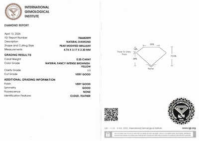 27120633a - Loser Diamant 0.25 ct Natural Fancy Intense Brown/p1, facett. Tropfen, verschweißt, IGI- ...