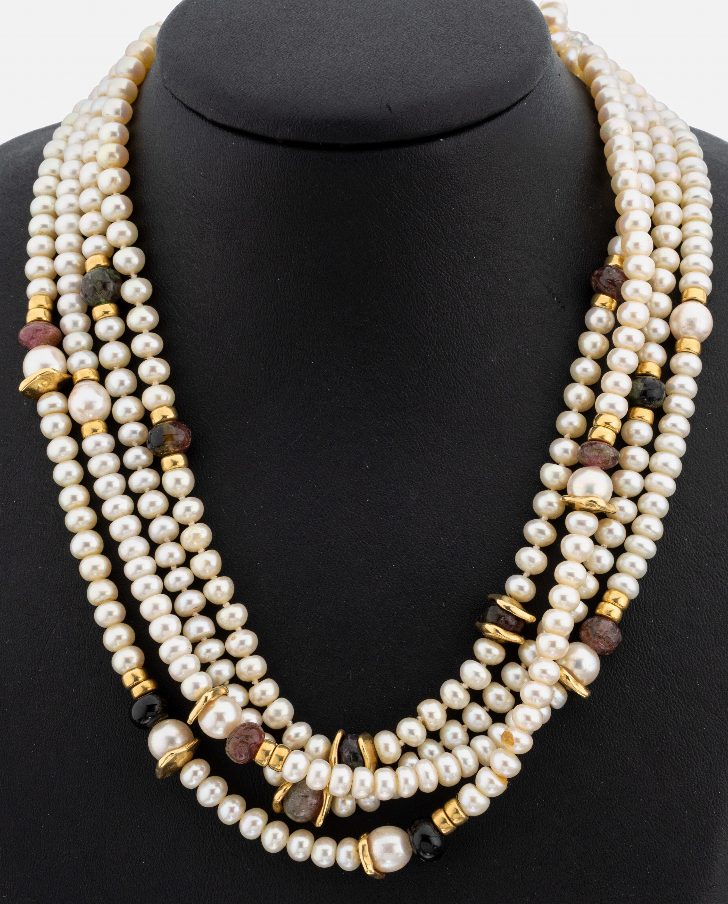 Image 27120723 - 18 kt Gold Perl-Turmalin-Collier, GG 750/000, 4-rhg., Akoyazuchtperlen, D. ca. 5.7 -8.3 ...