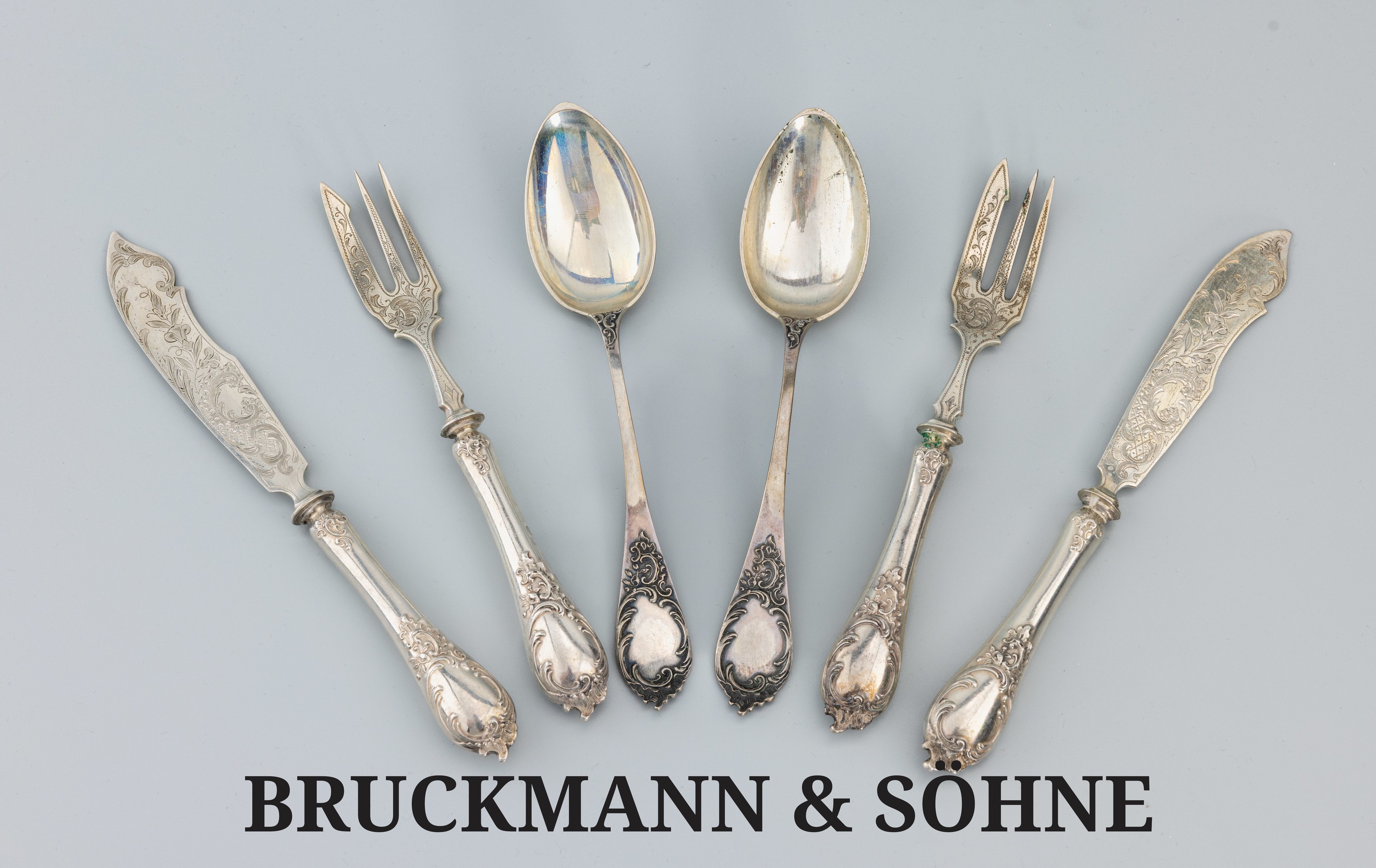Image 27120748 - Fischbesteck für 6 Personen, deutsch BRUCKMANN& Söhne um 1910, 800er Silber, Griffe ...