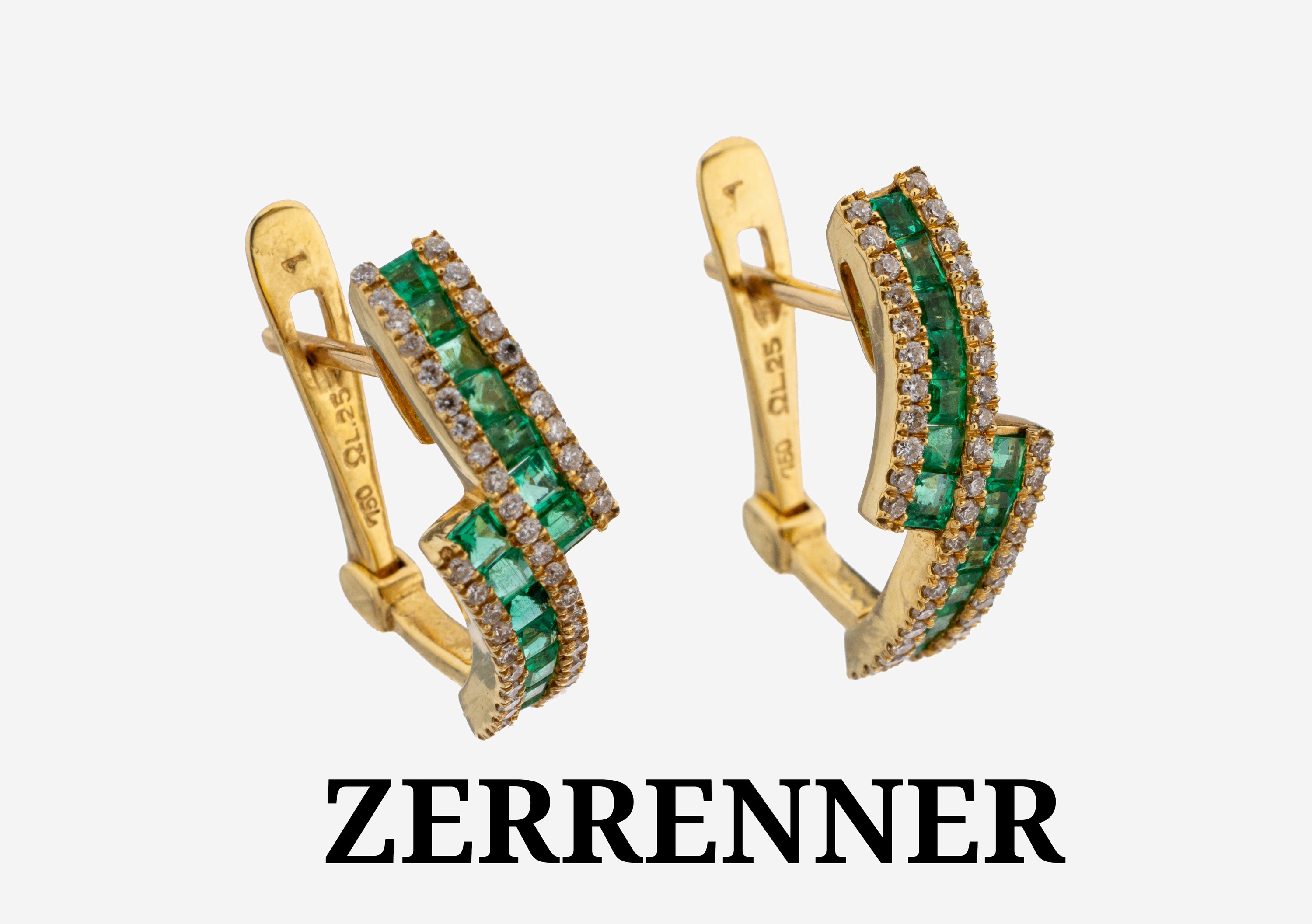 Image 27120749 - Paar 18 kt Gold ZERRENNER Smaragd-Brillant- Ohrstecker, GG 750/000, asymm., 28 ...
