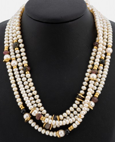 Image 18 kt gold pearl-tourmaline-necklace , YG 750/000, 4-rows, cultured akoya pearls, diam. ...