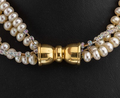 27120723a - 18 kt Gold Perl-Turmalin-Collier, GG 750/000, 4-rhg., Akoyazuchtperlen, D. ca. 5.7 -8.3 ...