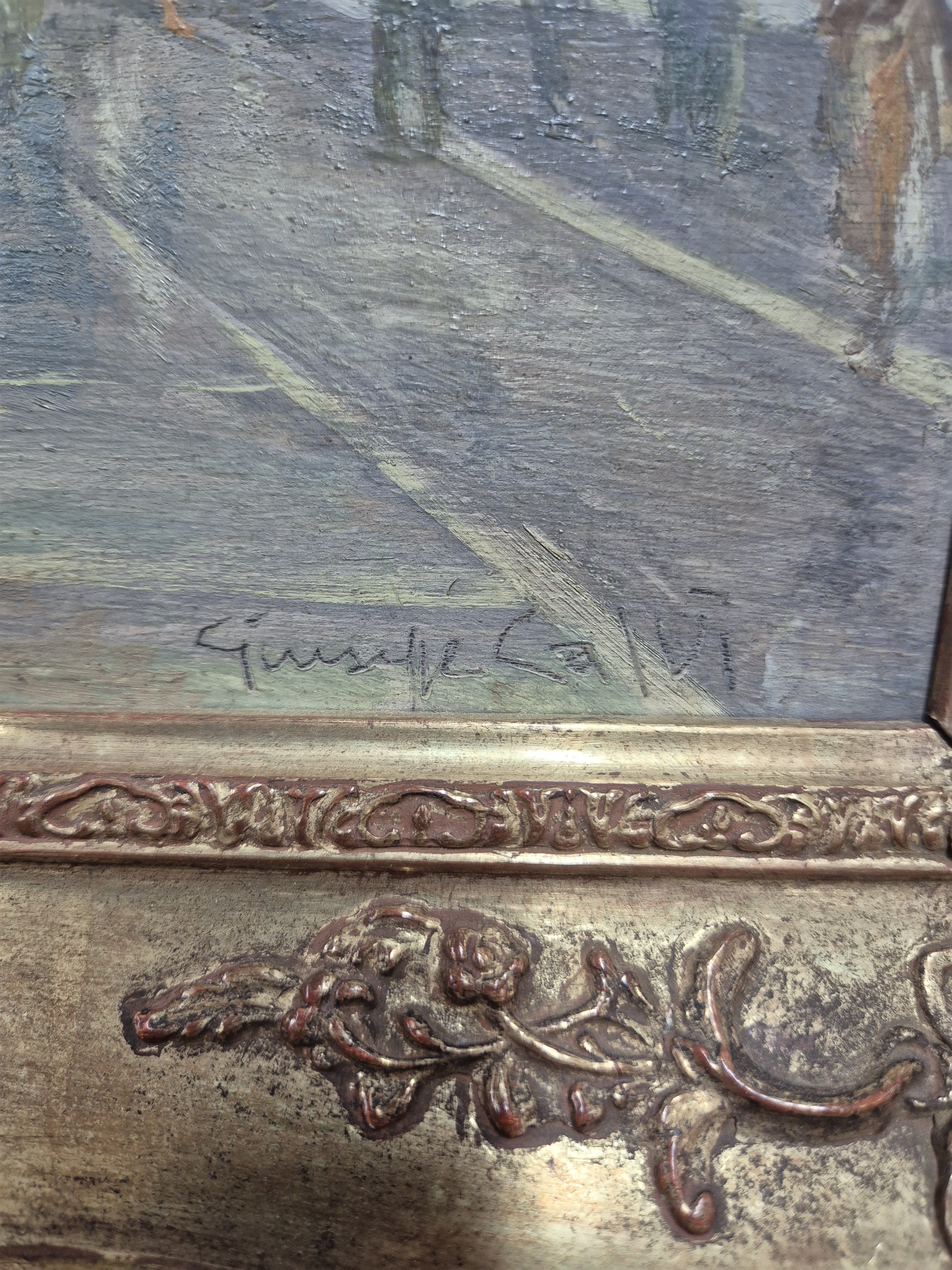 Detail b: Giuseppe Calvi, 1895 Mailand-1983 Alassio-Savona, Ansicht aus Venedig, Piazza San Marco mit Blick auf den Dom San Marco, impressive Auffassung, ...
