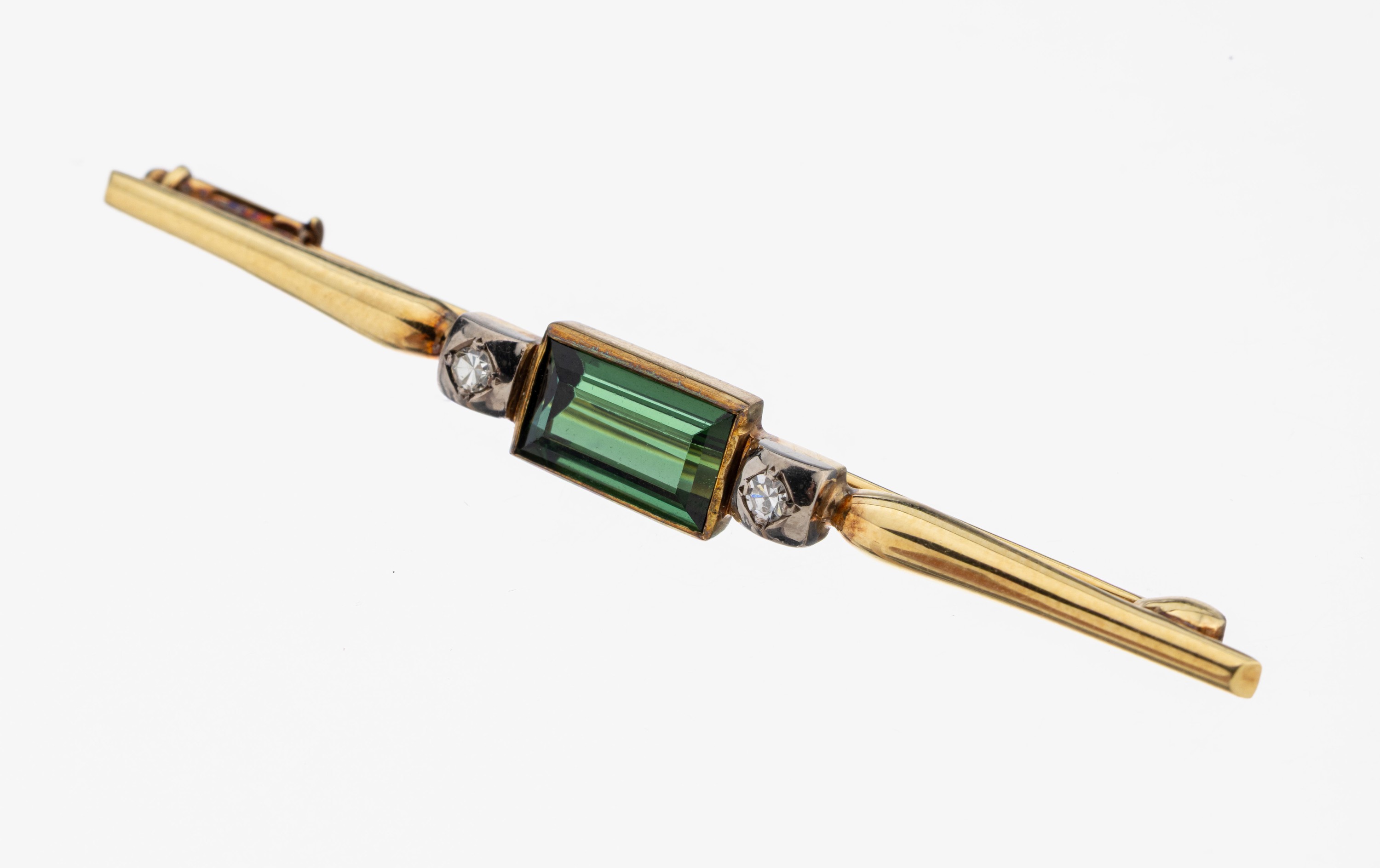 Image 27121187 - 14 kt Gold Turmalin-Diamant-Brosche, GG/WG 585/000, Turmalin-Baguette von sehr schöner ...