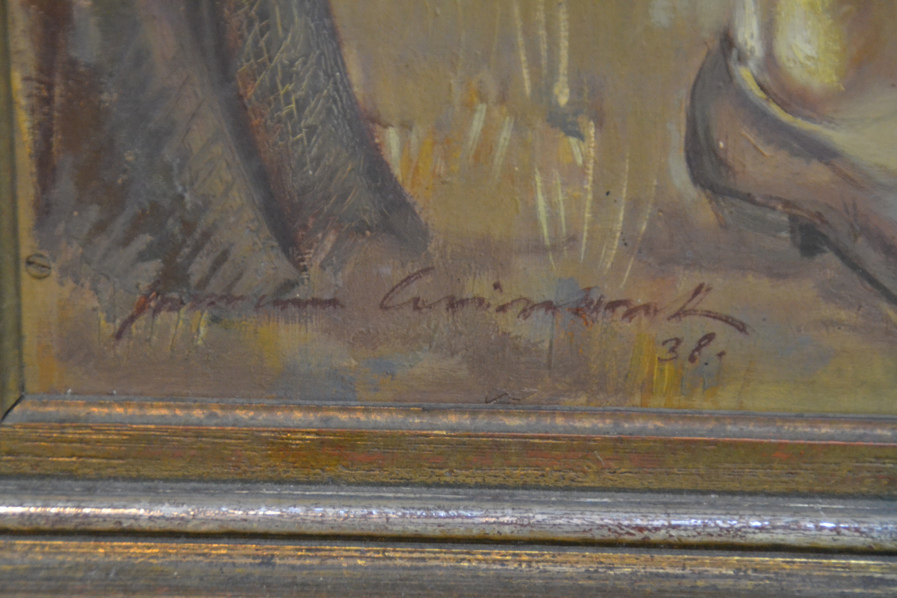 Detail g: Hermann Croissant, 1897-1963 Landau, "Kornernte" so verso bezeichnet, in arkadischem Duktus geschilderte bäuerlich -stolze Figurengruppe ...