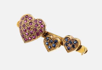 Image 14 kt gold ruby-sapphire-brooch , YG 585/000, hearts with 26 rubies and 12 sapphires ...