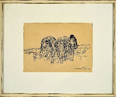 27121197k - Otto Dill, 1884-1957, Tuschezeichnung, Ochsenfuhrwerk mit Bauer, signiert, unter Glas ...