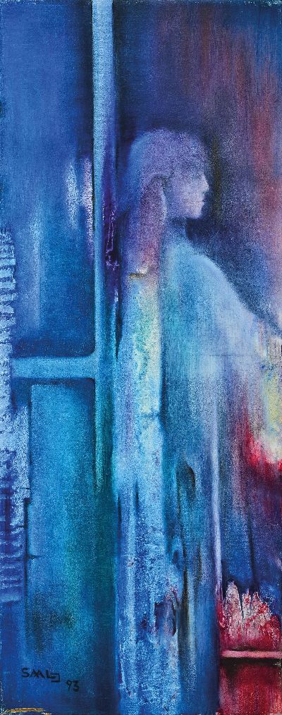Image Irmgard Böhmer-Saal, born 1950, triptych, abstract figure composition in blue and red, ...
