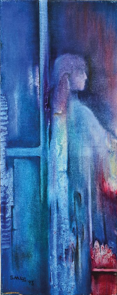 27121203k - Irmgard Böhmer-Saal, geb. 1950, Triptychon, abstrakte Figurenkomposition in blau und ...