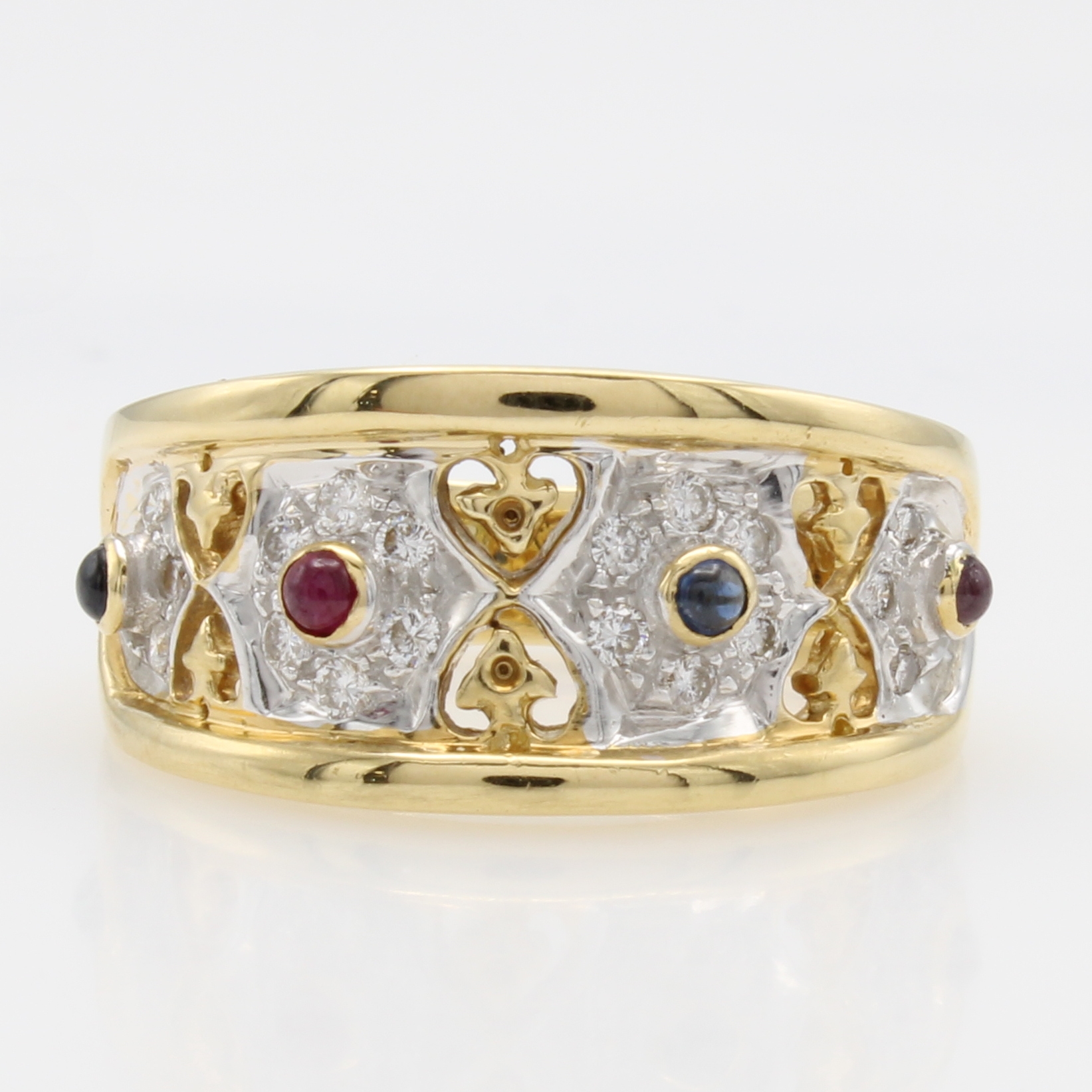 Image 27121334 - Ring mit Rubinen, Saphiren und Diamanten, GG/WG 750/000, 4 Farbsteincabochons, Diam. ...