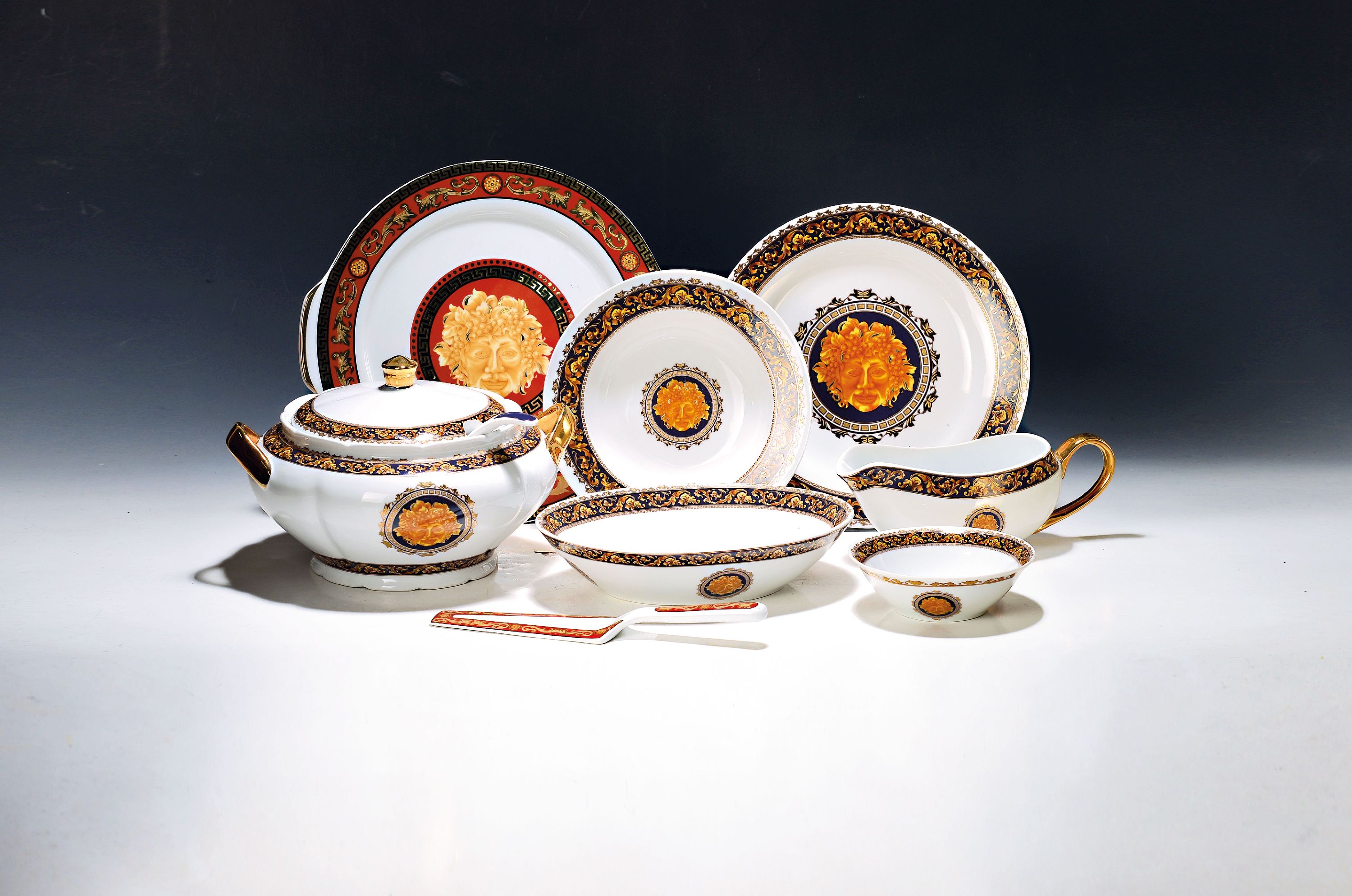 Image 27121366 - Dinner service ´Bacchus´, Limoges, France, porcelain, blue and red background decoration ...