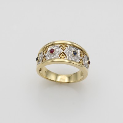 27121334a - Ring mit Rubinen, Saphiren und Diamanten, GG/WG 750/000, 4 Farbsteincabochons, Diam. ...
