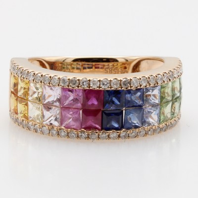 Image Ring mit Saphiren und Brillanten, RoséG 585/000, 24 bunte Saphire zus. ca. 3.22 ct, 54 ...