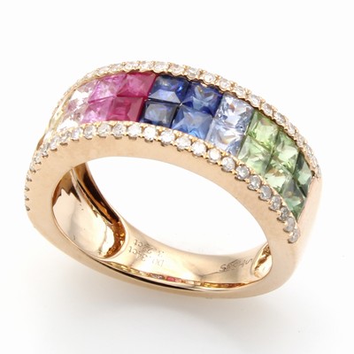 27121409a - Ring mit Saphiren und Brillanten, RoséG 585/000, 24 bunte Saphire zus. ca. 3.22 ct, 54 ...