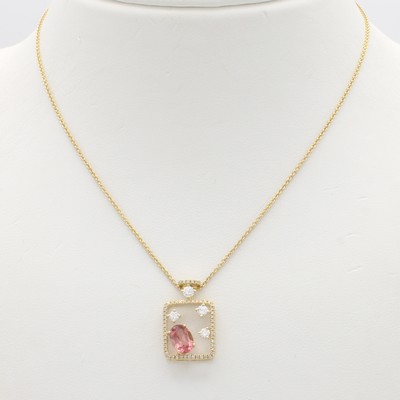 27121485a - Anhänger mit Brillanten und Turmalin an Kette, GG 585/000, 4 Brill. zus. ca. 0.24 ct u. ...