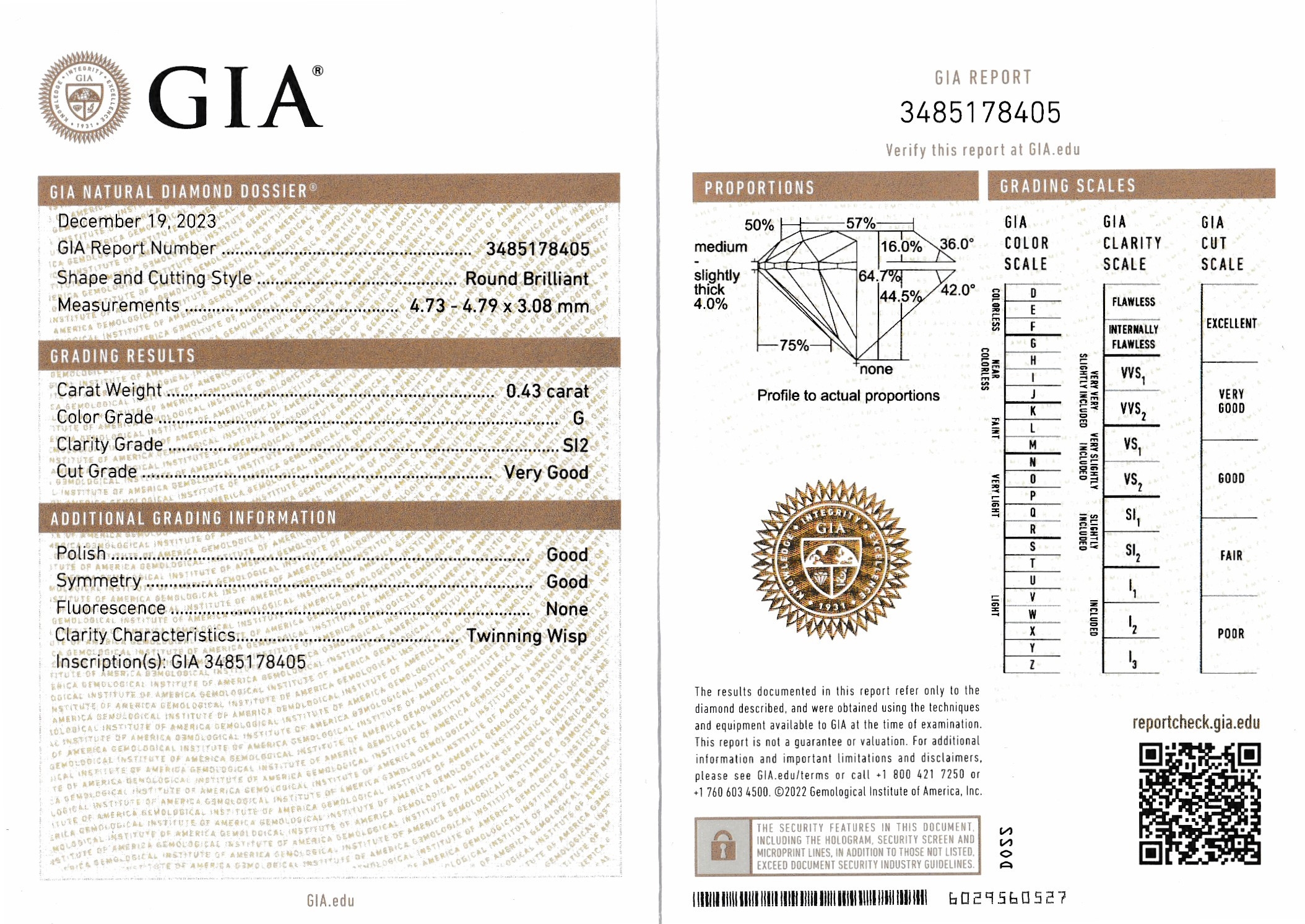 Detail b: Loser Brillant, 0.43 ct feines Weiß(G)/si2, mit GIA-Expertise