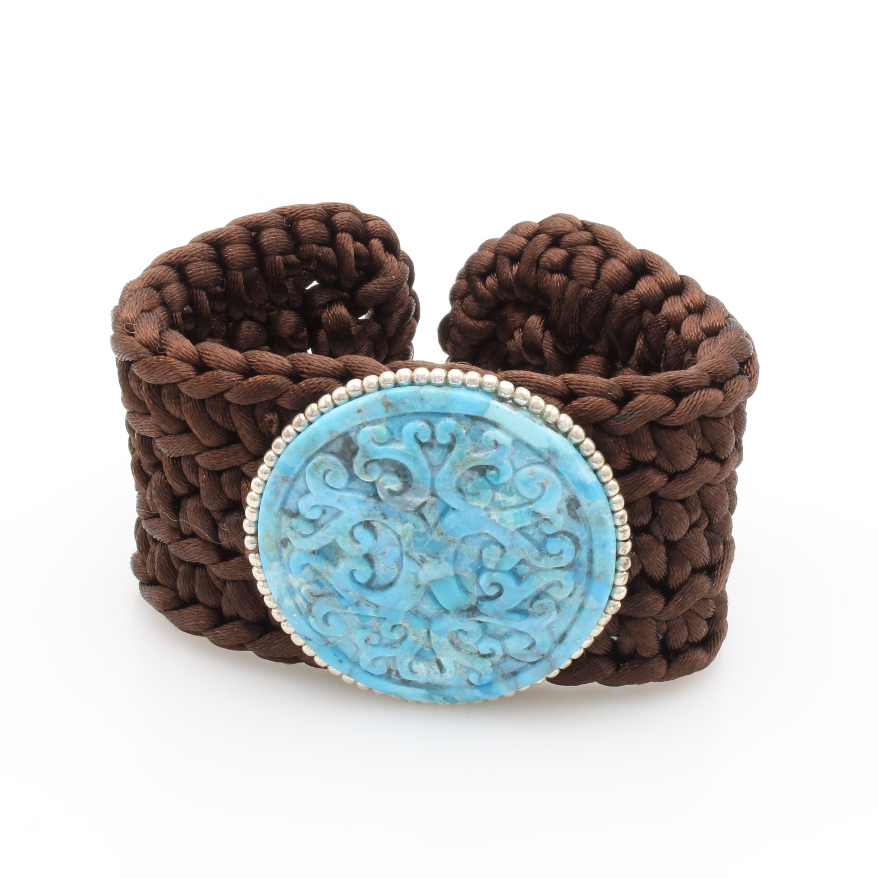 Image 27121540 - Häkelarmband mit Türkis, runder, gravierter Türkis mit Silberrand ca. 40 mm