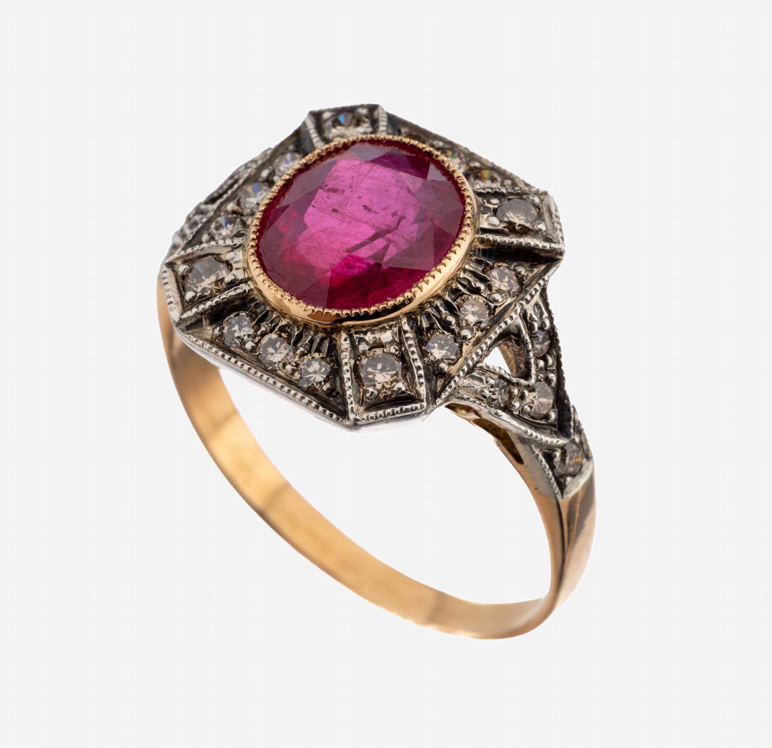 Image 27121572 - 18 kt Gold und Silber Rubin-Brillant-Ring, RoseG 750/000 und Silber gepr., ovalfacett. ...