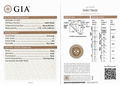 27121537b - Loser Brillant, 0.43 ct feines Weiß(G)/si2, mit GIA-Expertise Schätzpreis: 990, - EUR