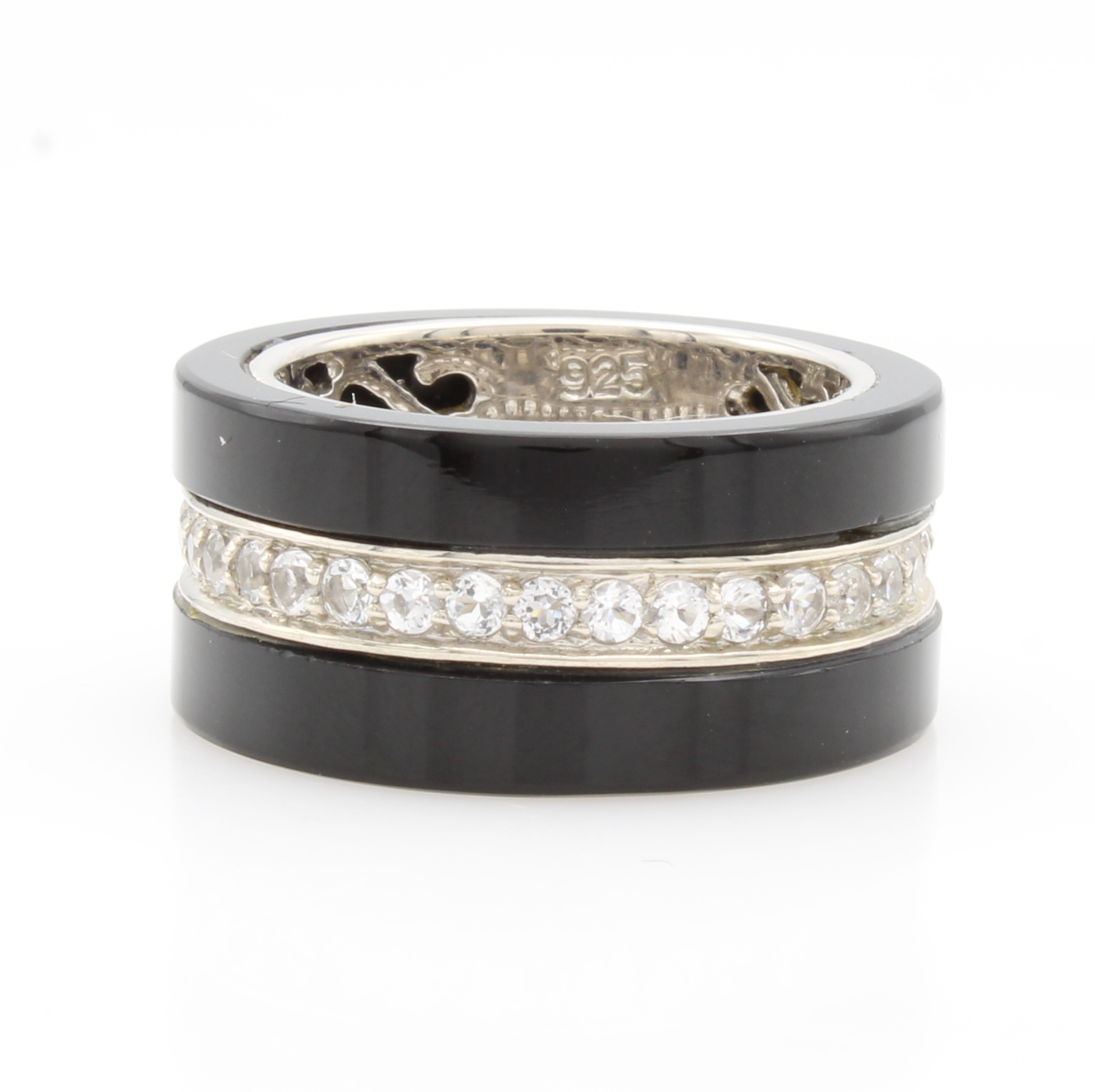 Image 27121647 - Ring mit Onyxen und Topasen, 925er Silber, weiße Topase rundum gefasst, RW ca. 55