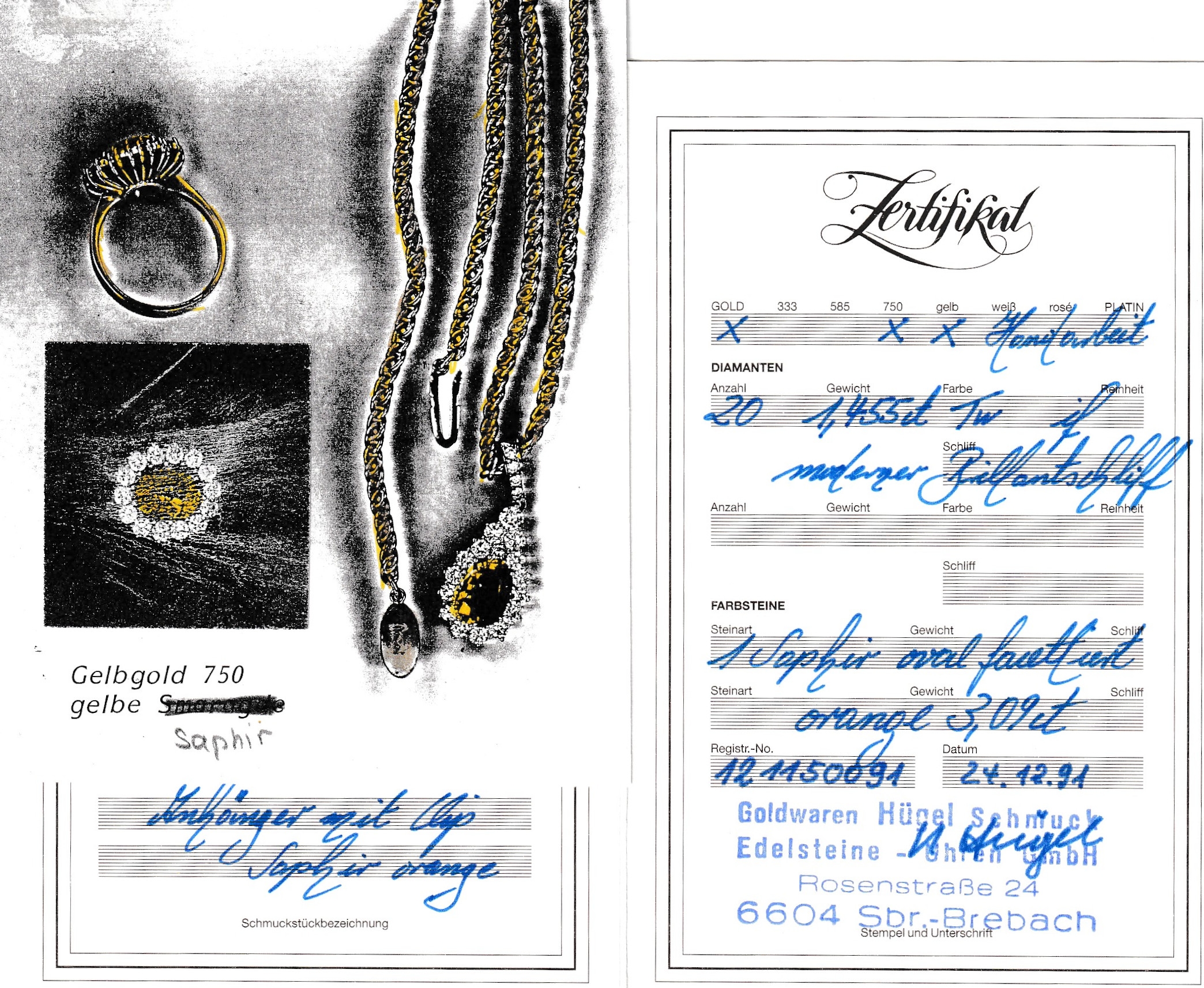 Detail b: 18 kt Gold Saphir-Brillant-Clipanhänger, GG750/000, mittig ovalfacett. orangefarb. Saphirca. 3.0 ct, 20 Brillanten zus. ca. 1.45 ct feines ...