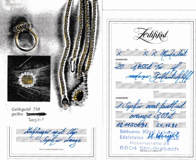 27121648b - 18 kt Gold Saphir-Brillant-Clipanhänger, GG750/000, mittig ovalfacett. orangefarb. ...