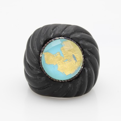 Image Ring mit Onyx und Türkis, 925er Silber, mattiert, geriefter Onyx, Blattgold in ...