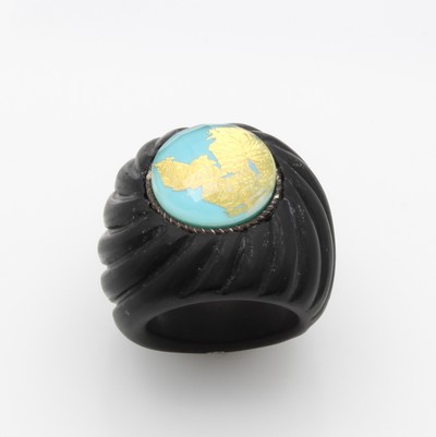 27121650a - Ring mit Onyx und Türkis, 925er Silber, mattiert, geriefter Onyx, Blattgold in ...
