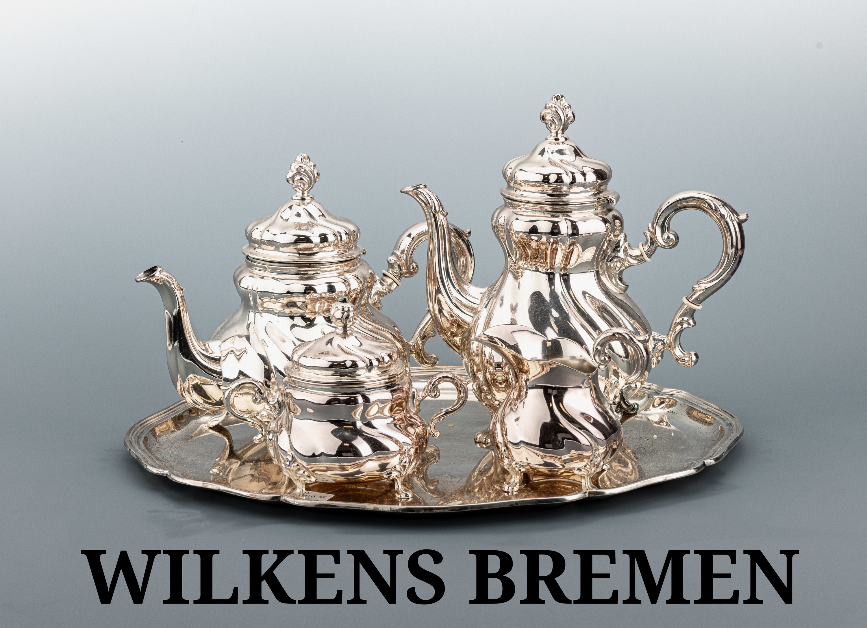 Image 27121963 - Kaffee- und Teeservice auf Tablett, deutsch, WILKENS Bremen, 925er Silber, ...